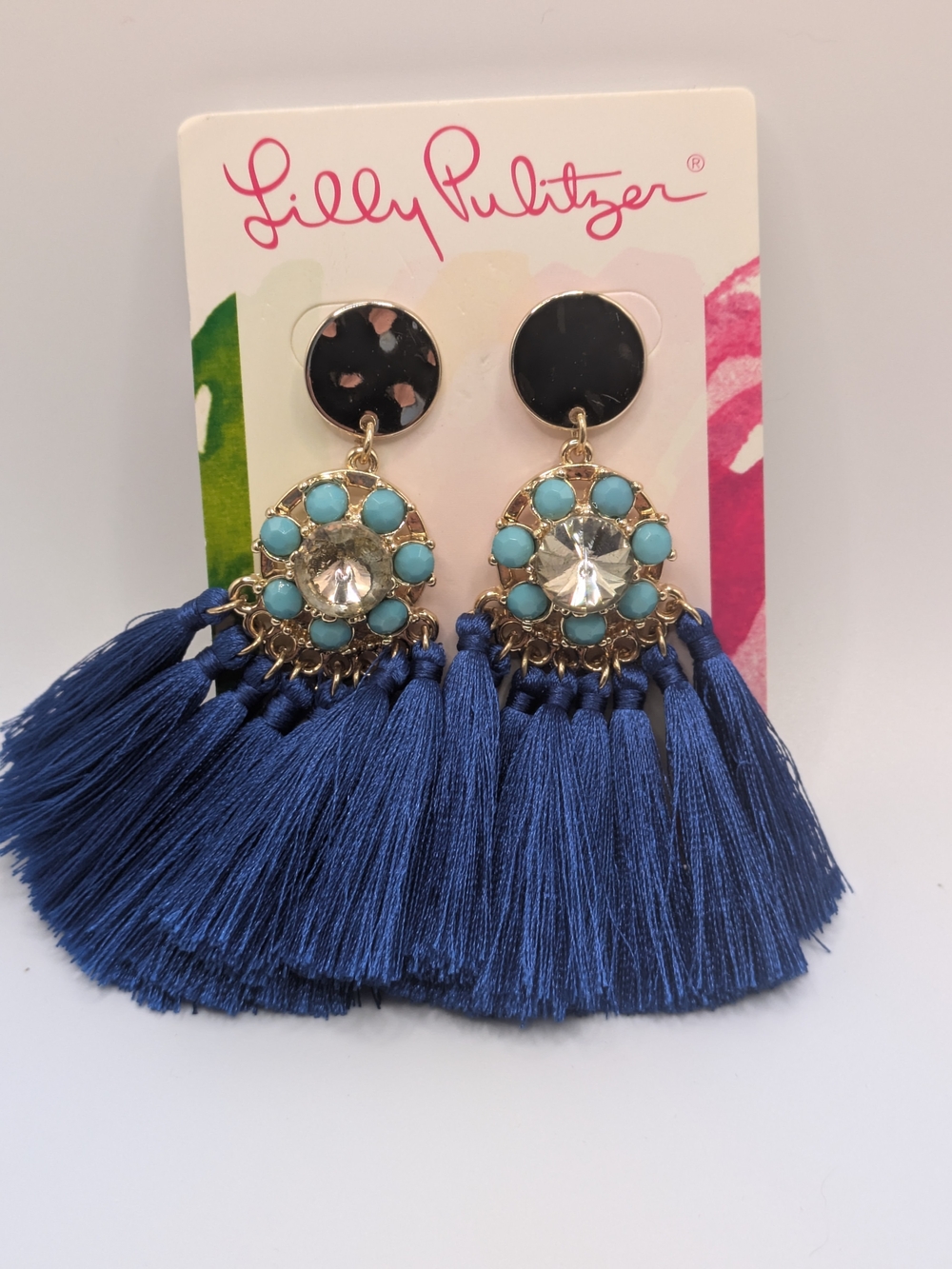 Lilly Pulitzer Navy Blue Tassel Drop Earrings with Turquoise Accents , Gold Tone